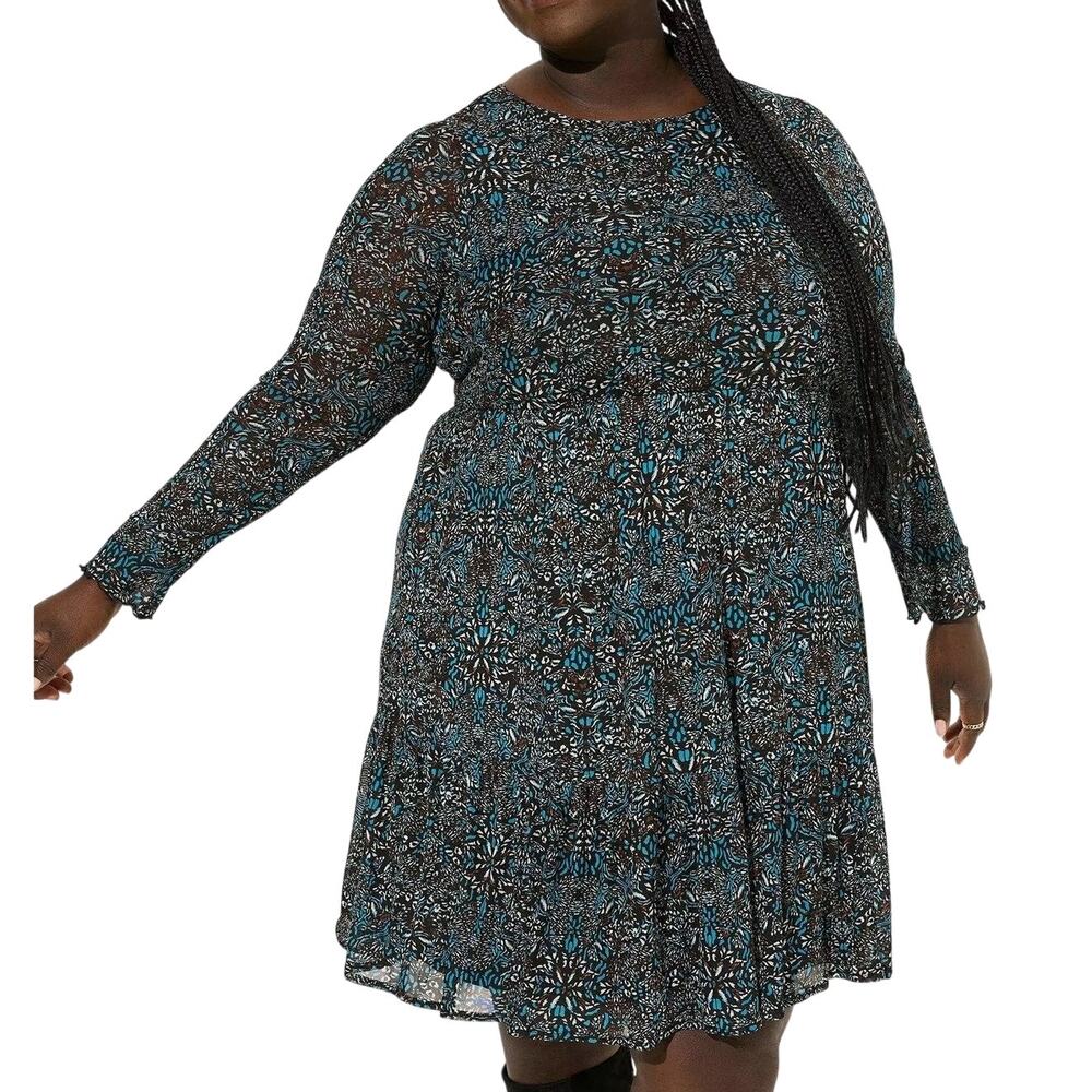 Torrid NWT Black Blue Brown Print Mesh Long Sleeve Ruffle Fit & Flare Mini Dress